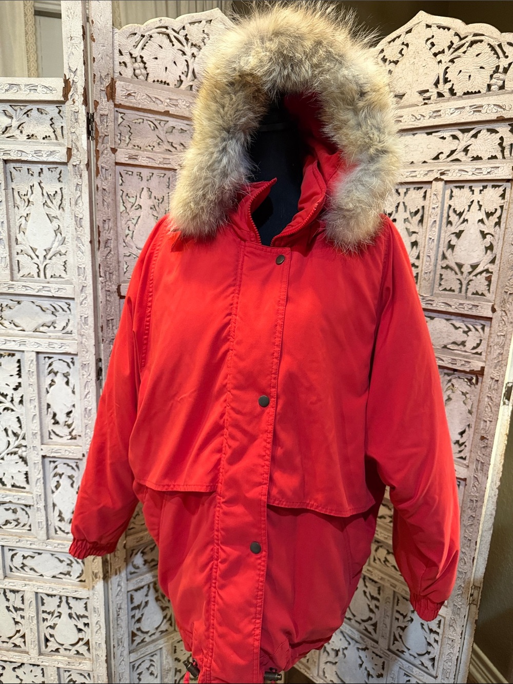 London Fog Limited Edition Vintage Red Hooded Puff-Parka Coat with Faux Fur Trim